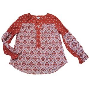 Sundance L Orange Mixed Print Smocked Cuff Cotton‎ Boho Top Cottage Western